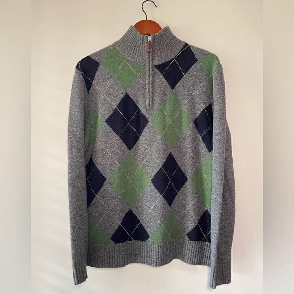 J. Crew 100% Premium Lambswool Argyle Gray Zip Pullover Sweater Size Medium - Picture 1 of 8